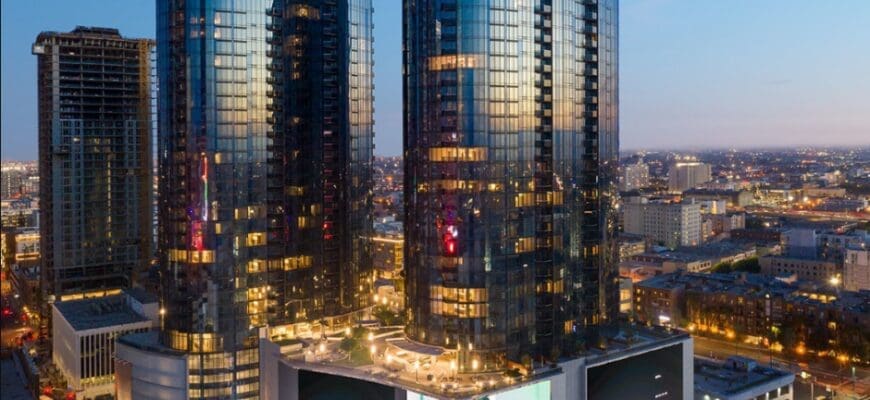 Los Angeles city view at night showcasing the Circa LA property exterior and the surrounding city area